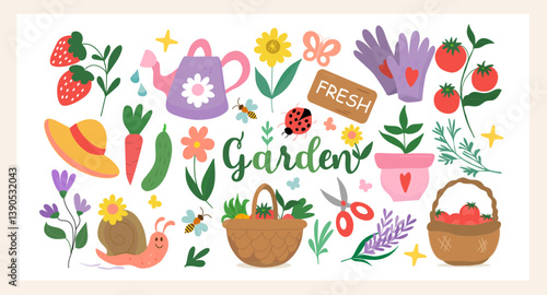 Garden Spring and Summer set hand drawn gardening elements of blooming flowers, bee, bag. Perfect for scrapbooking, greeting cards, summer posters, party invites, tags, stickers. Vector illustration.