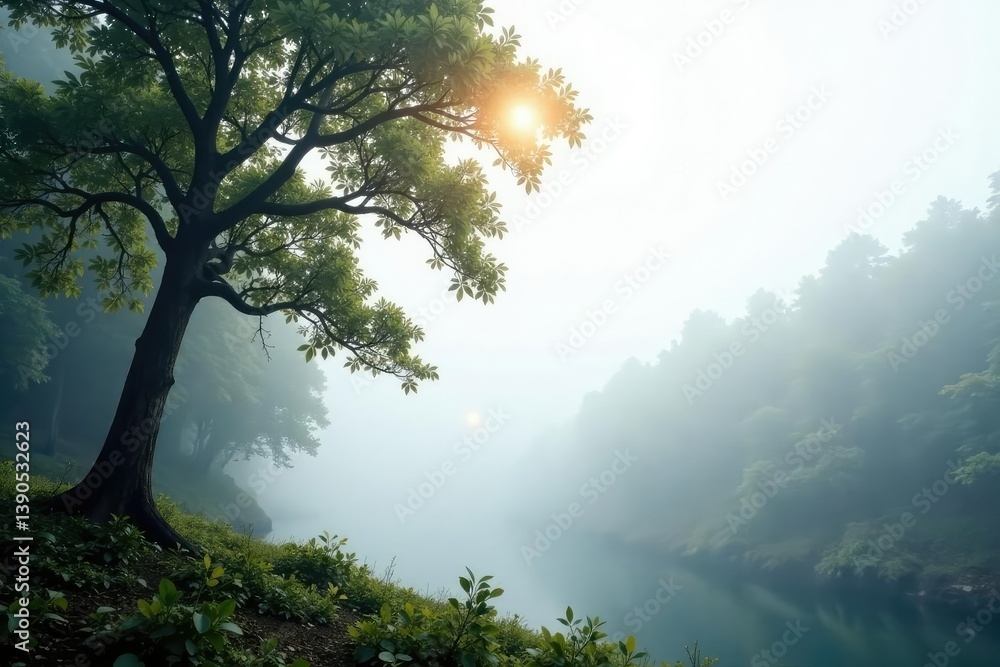 Fototapeta premium Tree branch isolated in white fog with misty forest background, calm, forest, peaceful