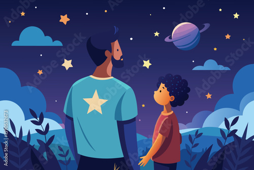 A father and his young son admire a starry night together, marveling at the glittering stars and distant planets amidst a peaceful natural backdrop.