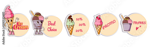 Fun and colorful set of groovy style stickers with text for ice cream with cones, cups and toppings. Frames for text. Perfect for kids branding, summer themes, packaging, promotions, discounts. photo
