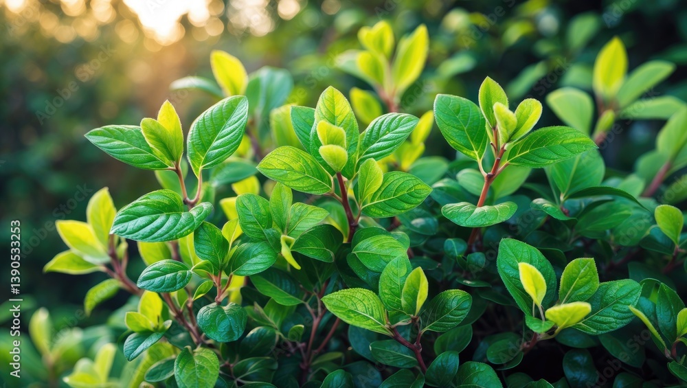 Macro view of a bush featuring vibrant young green leaves. High-quality image Macro view of a bush featuring vibrant young green leaves. High-quality image