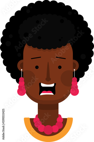 Cartoon-style black woman with short curly hair, earrings, and necklace showing a scared reaction with wide eyes and tense mouth.