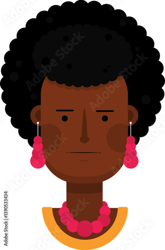 Cartoon character of a black woman with a serious look, closed lips, neutral eyes, and visible curly hairstyle.