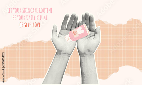 Halftone collage with Hands Holding Face Cream with Skincare Self-Love Message