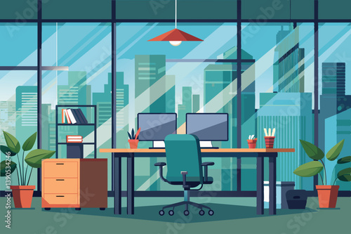 The workspace showcases two monitors on a large desk positioned in front of a panoramic city view, complemented by indoor plants and modern furniture.