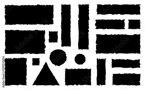 Grunge effect torn paper jagged sheet shape black circle rectangle silhouette vector illustration