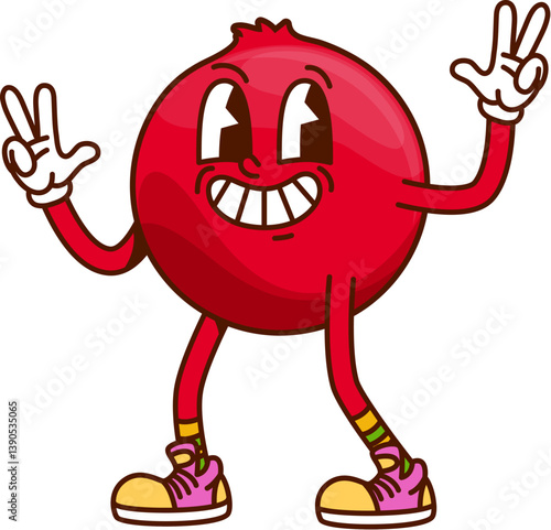 Groovy cranberry berry character with happy face, vector retro cartoon emoji. Groovy cranberry berry with funky peace sign gesture and happy smile in good vibe for retro cartoon fruit character