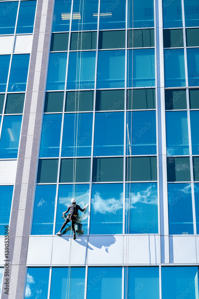 Window Cleaner at Work Outside of a Skyscraper