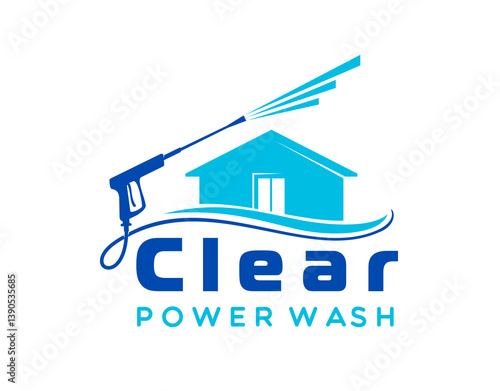 House cleaning and washing icon with power pressure washer, vector symbol. Home cleaning and house wash professional maintenance service emblem with water spray washer gun and blue wave
