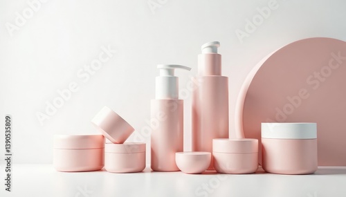 Various cosmetic containers, pristine white backdrop , flat lay, tools