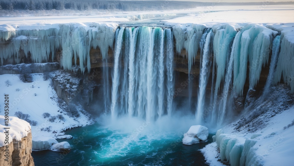 Obraz premium Stunning waterfall. Winter scenery.