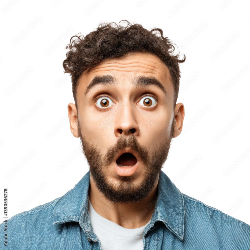 A man exhibits a strong emotional response. His eyes are wide, mouth open, and eyebrows raised. A man exhibits a strong emotional response. His eyes are wide, mouth open, and eyebrows raised.