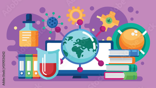 The artwork features a globe surrounded by various science tools, including flasks, textbooks, and gears, highlighting the importance of education and research in the modern world.