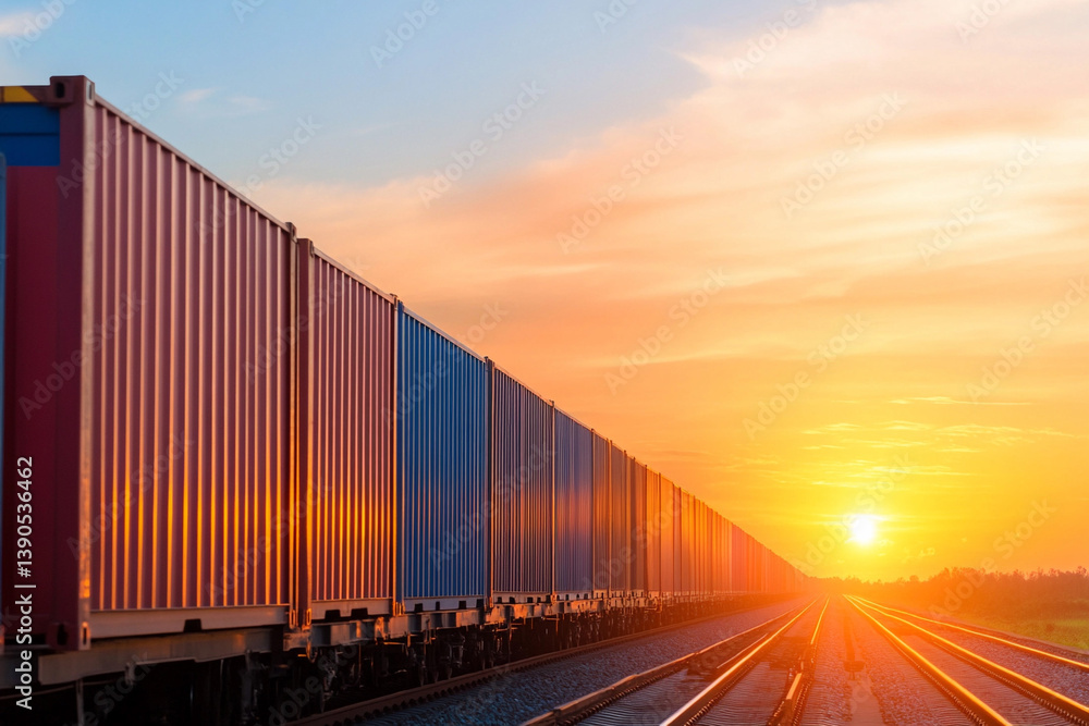 Raw materials logistics at sunset with cargo containers lining the railroad tracks Raw materials logistics at sunset with cargo containers lining the railroad tracks