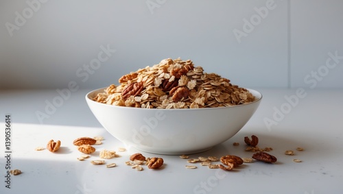 Whole grain muesli in a bowl on a white background