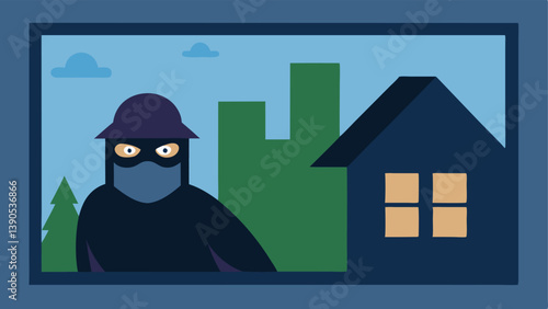 Peek Through a Window A burglar peeks through a front window checking for movement inside the home with a residential neighborhood in the background.