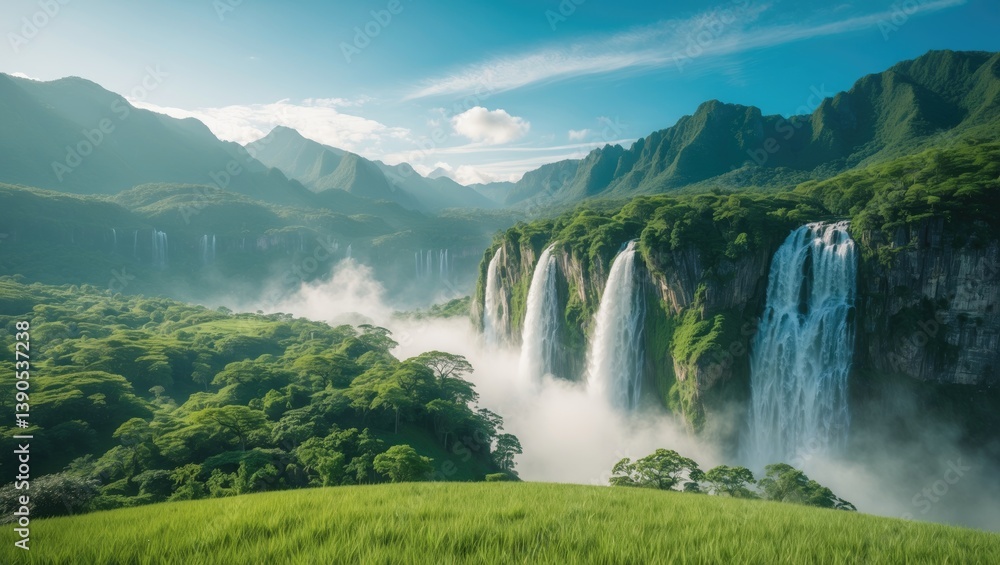 Fototapeta premium Glacial falls on the mountain observed from the trail.