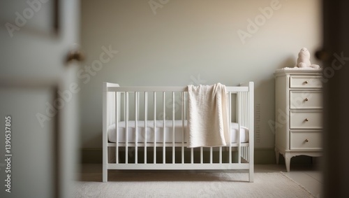 Dreamy nursery room showcasing a crib, dresser, and adornments.
