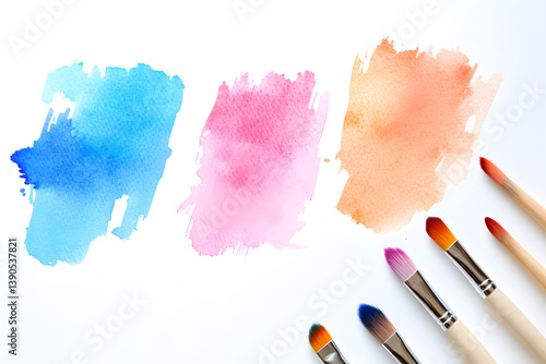 Creative watercolor strokes displayed on paper alongside various brushes for artistic expression during an afternoon art session