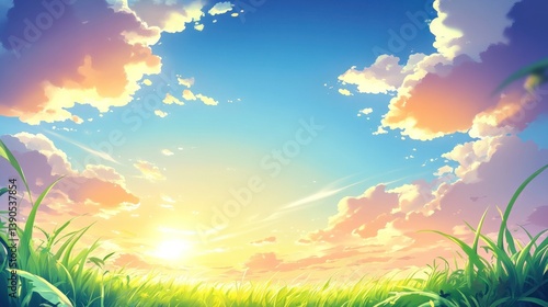 A vibrant daytime scenery featuring clouds and a bright sunny sky