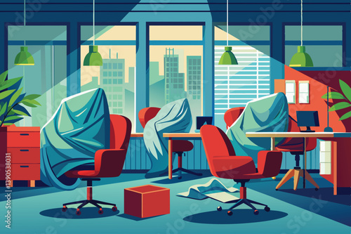 In a brightly lit office filled with greenery, chairs are draped in blue covers, and papers are strewn about, hinting at a space left undisturbed during the day.