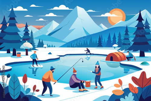 Individuals engage in various winter activities near a frozen lake, including ice fishing and exploring the snowy landscape beneath a colorful sunset.