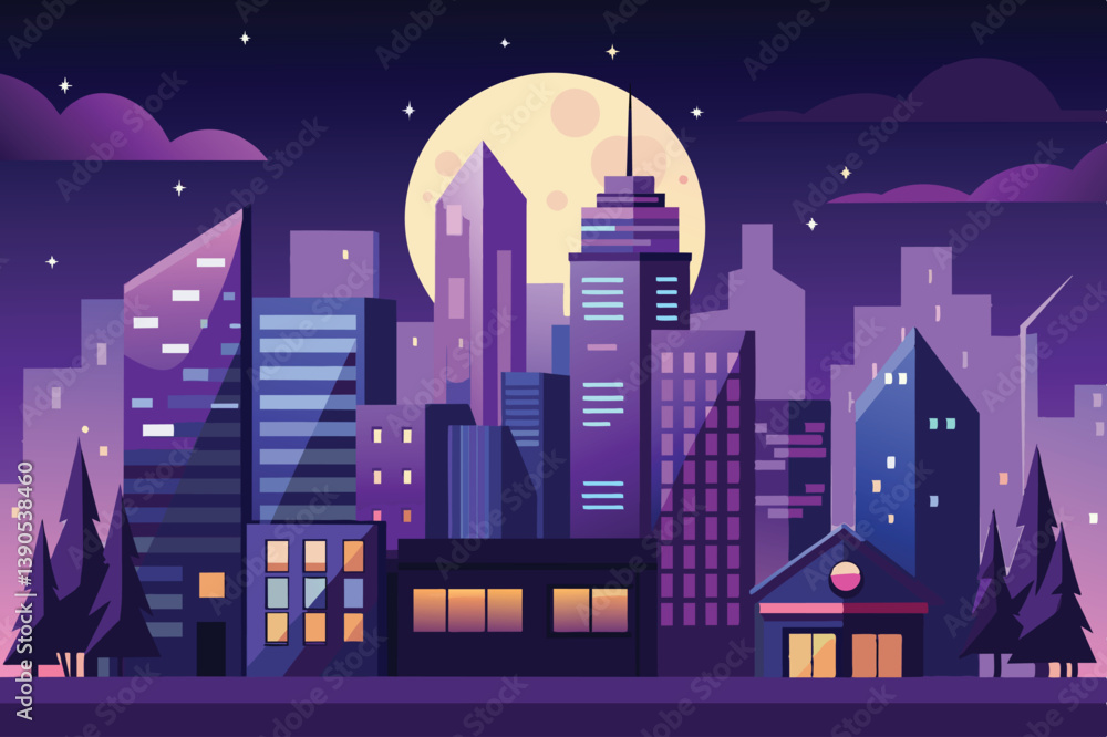 Fototapeta premium A striking urban skyline stands against a vivid night sky, with a large full moon casting light on modern high-rises and silhouetted trees, creating a captivating atmosphere.