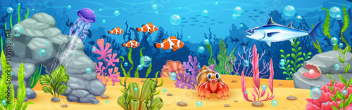 Cartoon underwater landscape for game with fishes and sea animals, vector background . Underwater or ocean world game background with undersea jellyfish, tuna and funny crab with clownfish in actinia
