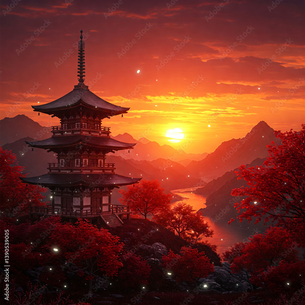 Obraz premium Majestic Japanese Pagoda at Crimson Sunset: Serene Landscape with Red Maple Trees and Golden River - Fantasy Asian Architecture for Travel and Culture Inspiration