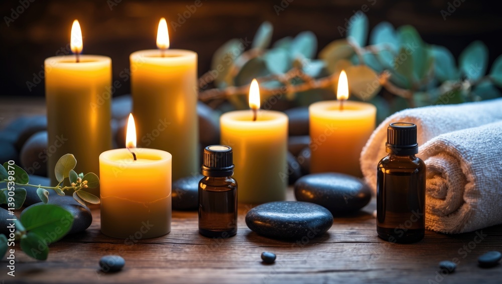 Spa Stones, Eucalyptus Branches, and a Bottle of Cosmetic Oil with Burning Candles and Herbal Bags on Wood Spa Stones, Eucalyptus Branches, and a Bottle of Cosmetic Oil with Burning Candles and Herbal Bags on Wood