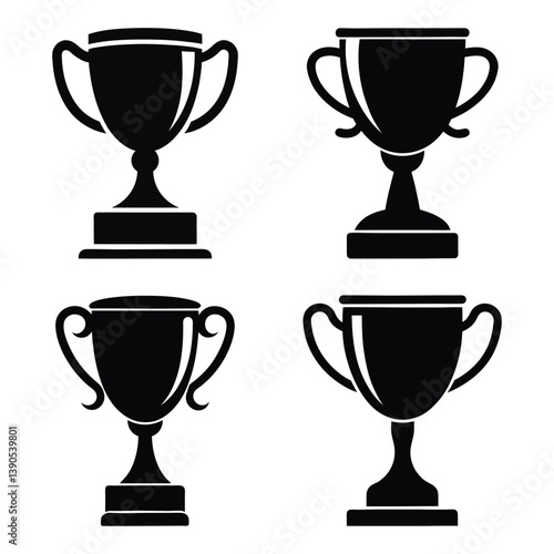 Vector illustration a set of gold, silver, and bronze winner cups, a prize for first, second, and third place in a sport competition, symbolizing achievement and victory