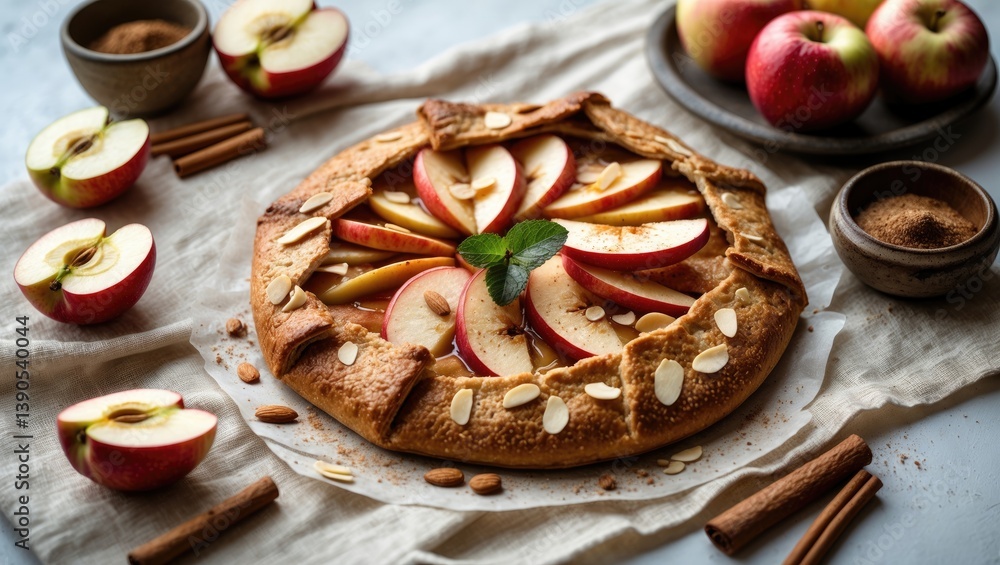 A warm, inviting apple galette showcases crisp apple slices, almond flakes, and a dusting of cinnamon. A warm, inviting apple galette showcases crisp apple slices, almond flakes, and a dusting of cinnamon.