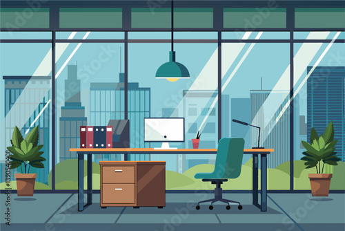 A spacious modern office showcases a large window with a panoramic view of the city skyline, featuring a desk, computer, and decorative plants.