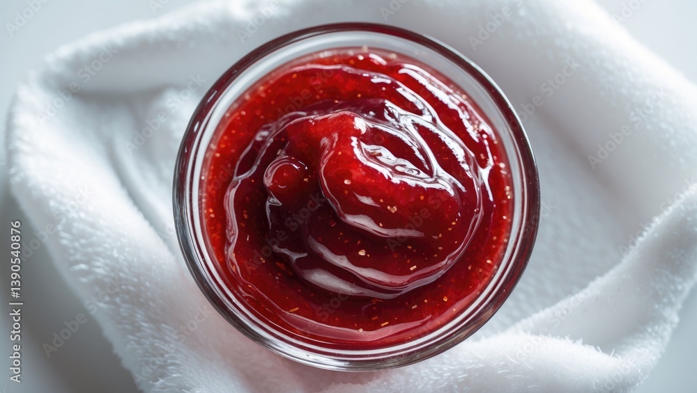 Strawberry jam in a bowl against a white backdrop from above Strawberry jam in a bowl against a white backdrop from above