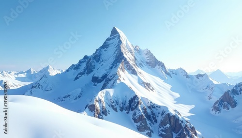 White snow-covered mountain peak, pristine backdrop, snow, serene