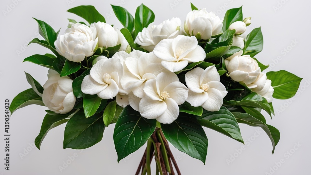 Fototapeta premium Full bloom gardenia flower bouquet with green leaves on white backdrop