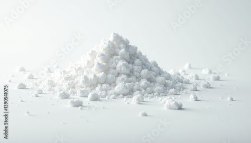 White sugar crystals scattered on white surface, reflective, minimal