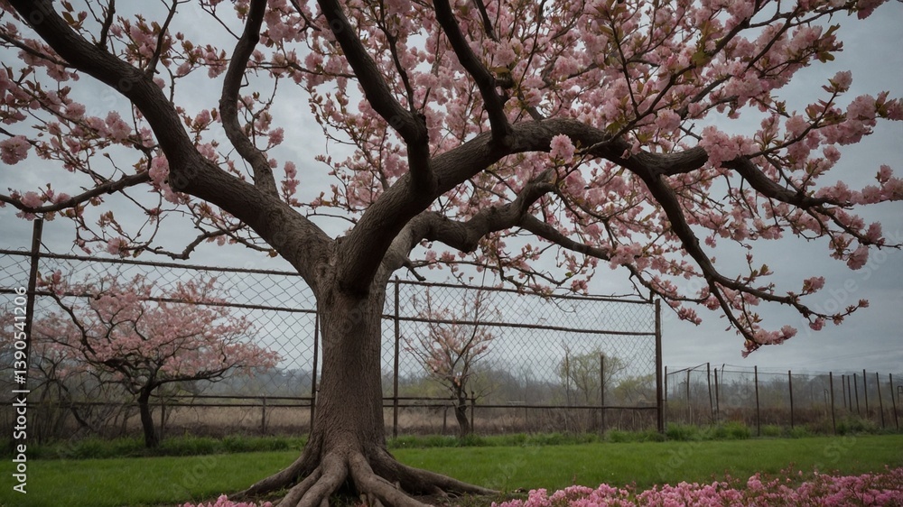 Obraz premium Urban scene with blooming pink-flowered tree near buildings and protective netting on a cloudy day — contrast of nature and city, spring atmosphere, moody sky and textures