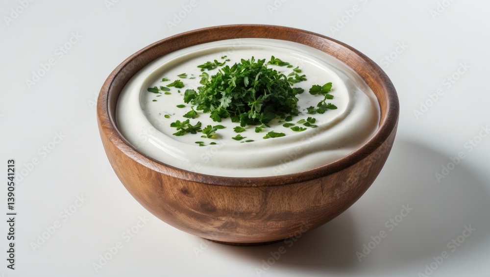 White background featuring a brown ceramic bowl of fresh sour cream dip sauce garnished with herbs White background featuring a brown ceramic bowl of fresh sour cream dip sauce garnished with herbs