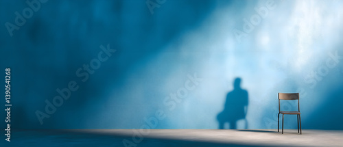 Empty Chair with Person Shadow over Professional Blue Emty Interior Mental Health Awareness, Suicide Prevention, Support Concept; copy space
