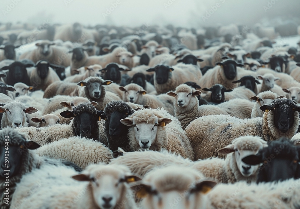 Large Herd of Sheep with Varied Wool Colors in Snowy Field Large Herd of Sheep with Varied Wool Colors in Snowy Field