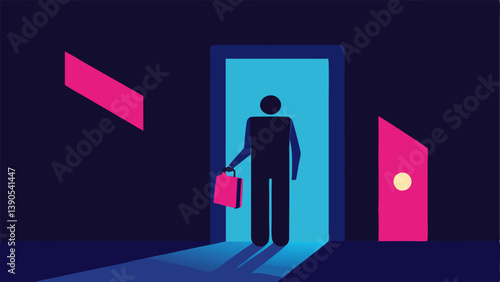 Nightclub Exit A figure emerges from a vibrant nightclub showing a fake passport to a bouncer who looks skeptically at the document under a bright neon light.