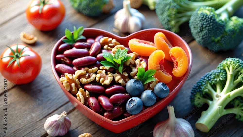 Heart-healthy diet bowl with products on wooden surface, overhead view Heart-healthy diet bowl with products on wooden surface, overhead view
