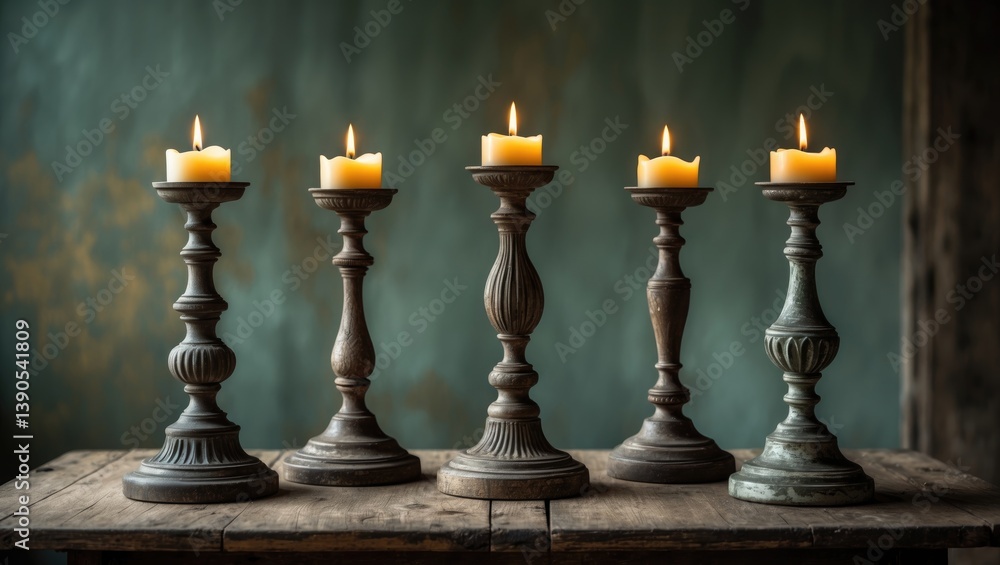 Illuminated candles in old-fashioned candlesticks on a dim background Illuminated candles in old-fashioned candlesticks on a dim background