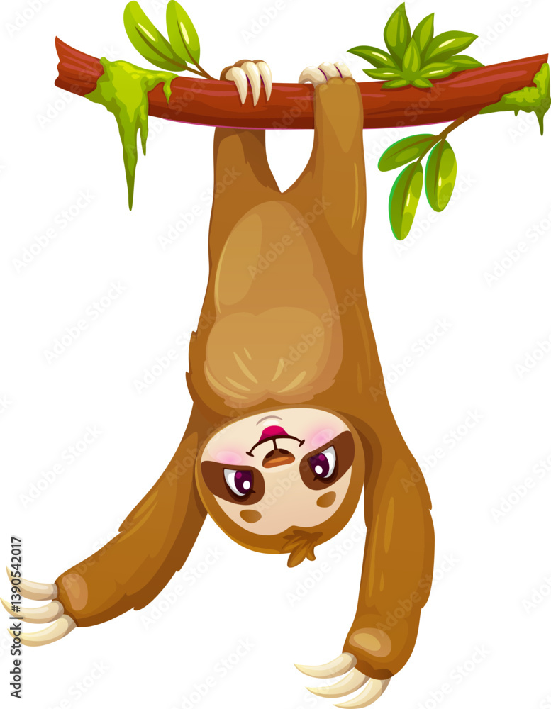 Fototapeta premium Cartoon lazy sloth animal, funny cute character with a wide cheerful smile, dangles upside down from a tree branch with its long limbs. Isolated vector lovable jungle forest animal personage hanging