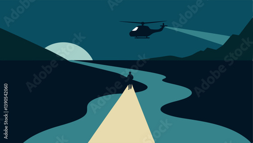 Over Riverbanks Illustrate the helicopter flying low over a winding river with its spotlight highlighting a person crouched near the waters edge.