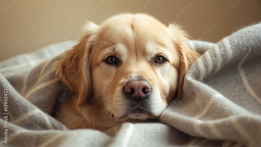 Bored young golden retriever lying under a light gray plaid. Bored young golden retriever lying under a light gray plaid.