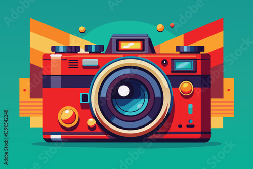 This illustration depicts a retro-style camera with a bright red body and colorful accents, emphasizing the art of photography in a striking modern context.