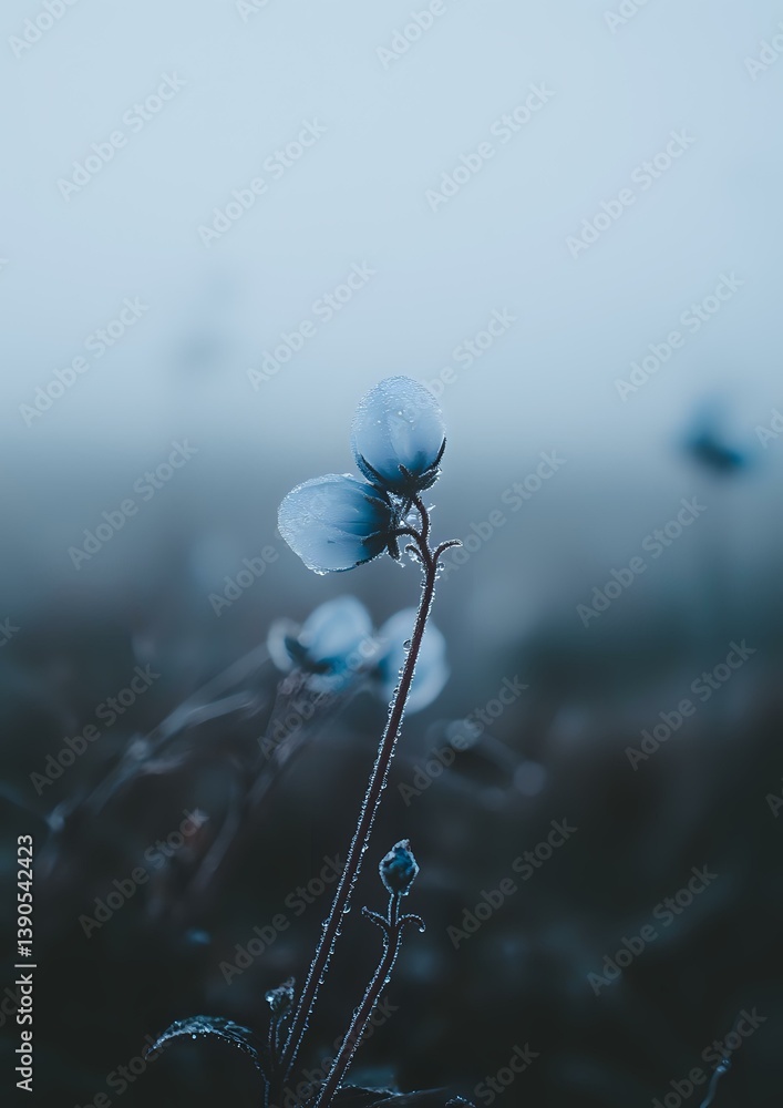 Delicate frost-covered wildflower silhouetted against misty morning backdrop in moody blue tones, creating atmospheric nature photography with shallow depth of field.