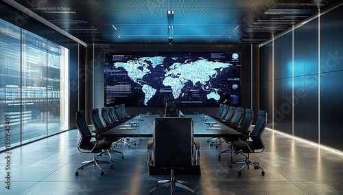 Modern digital boardroom with large LED screens displaying global maps and charts,